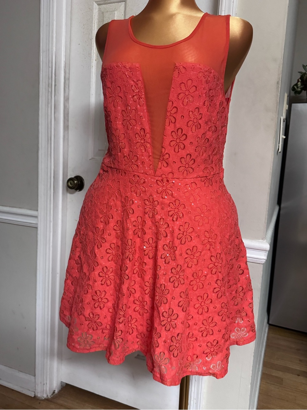 Coral Floral Lace Fit & Flare Dress